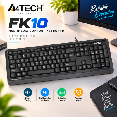 A4Tech FK10 Multimedia Comfort Keyboard – Sleek Round-Square Keycaps, 12 Hotkeys, Laser-Engraved Characters & Spill-Resistant Wired USB Keyboard
